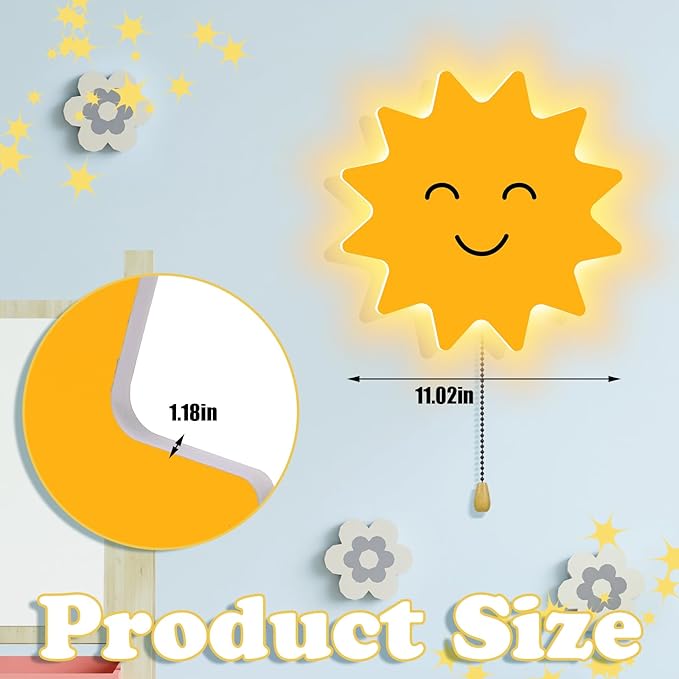Sun Night Light Wall Lamp Sleeping Nursery Lighting Cute Floating Battery Operated Hanging Lamp for Baby Boys Girls Bedroom Room Nursery Wall Decorations