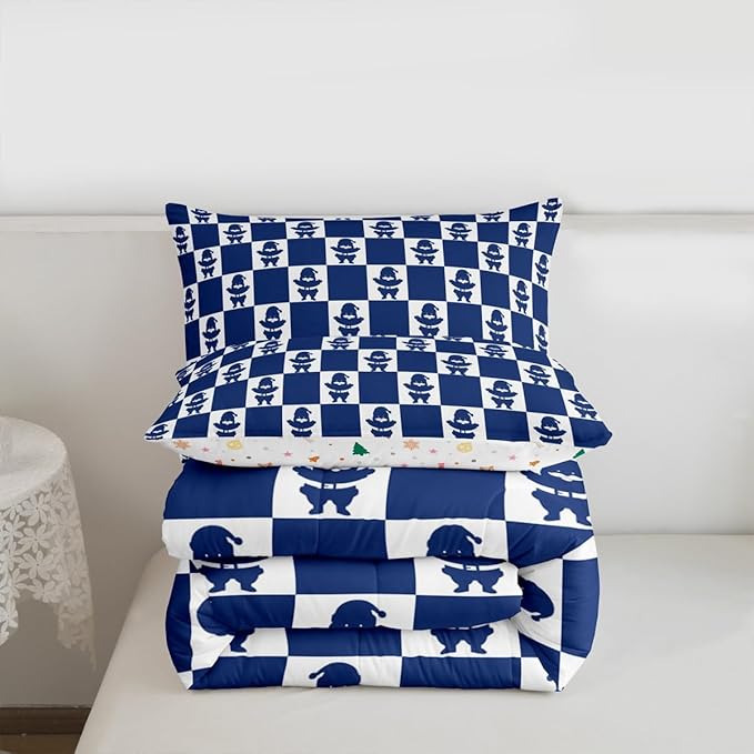 Feelyou Christmas Comforter Set Twin Size Checkered Bedding Set for Kids Boys Girls Santa Claus Duvet Quilt Xmas Decorations Bedroom Decor Blue Microfiber 2 Pcs with 1 Pillow Cases