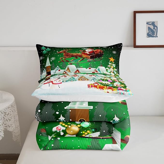 Manfei Christmas Comforter Set King Size, Snowman Xmas Tree Quilt Set with 2 Pillowcases, Santa Claus with Deer Bedding Set 3pcs for Kids Boys Girls Room Decor New Year Theme Duvet Insert