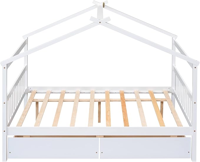Merax Full Size Wooden House Bed with Two Drawers, Wood Bed Frame with Roof for Kids, Teens, Boys or Girls, White