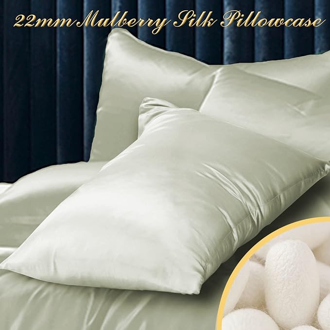 100% Mulberry Silk Pillowcase 2 Pack for Hair and Skin,with Hidden Zipper,Both Sides 22 Momme Natural Silk Pillow Cover,Soft Breathable & Smooth (Matcha, King)