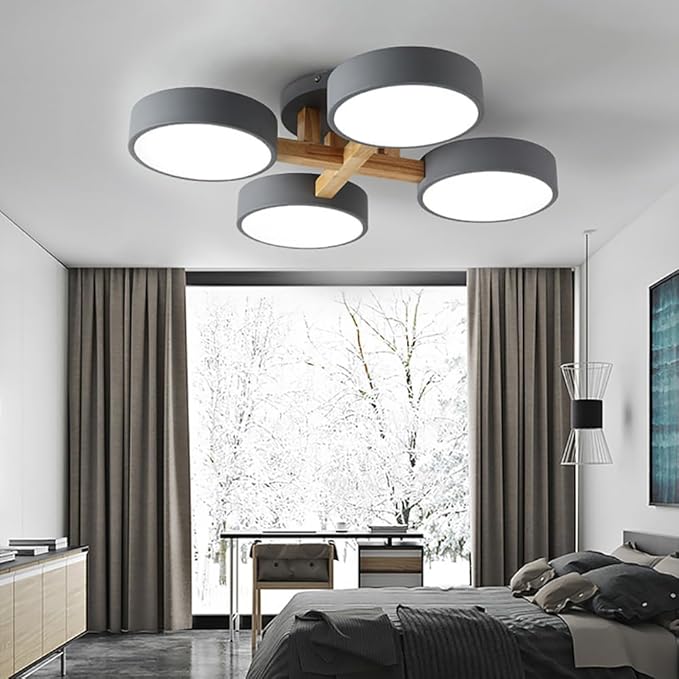 LED Flush Mount Ceiling Light Fixture with 3000K/4000K/6000K Temperatures Selectable,24Inch 44W Chandelier Modern Wood Ceiling Lamp for Bedroom Kitchen, 4-Lights Indoor Lighting Grey Pendant Light