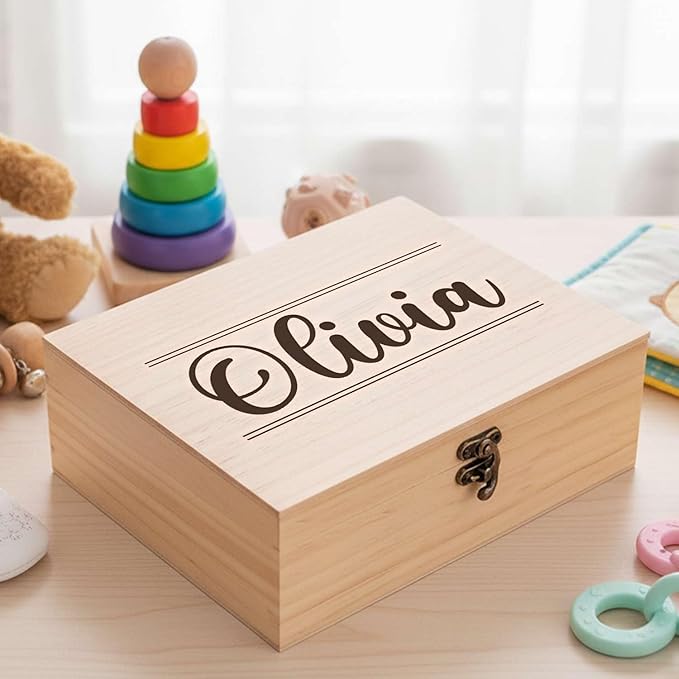 Personalized Baby Memory Pine/Walnut Wooden Box for Keepaske, 10*8*3.5in Large Pine Boxes Custom Newborn Gifts Engraved Wood Box with Lid, Baby Shower Gifts for Boys Girls Keepsake Storage Boxes