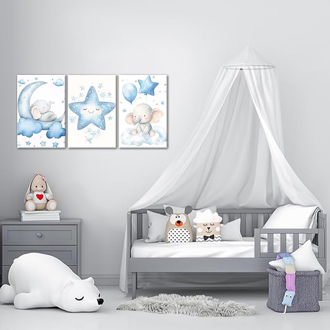 Nursery Wall Art Baby Boy Wall Decor Blue Elephant Moon and Stars Painting Prints Cute Animal Canvas Poster for Kids Room Decor Framed(Baby-2,16L x 24W x 3Pcs)