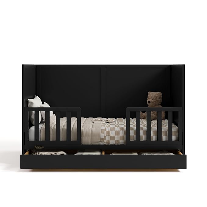 Graco Theo Convertible Crib with Storage Drawer (Black) – GREENGUARD Gold Certified with Drawer, Converts to Toddler Bed, Fits Standard Crib Mattress