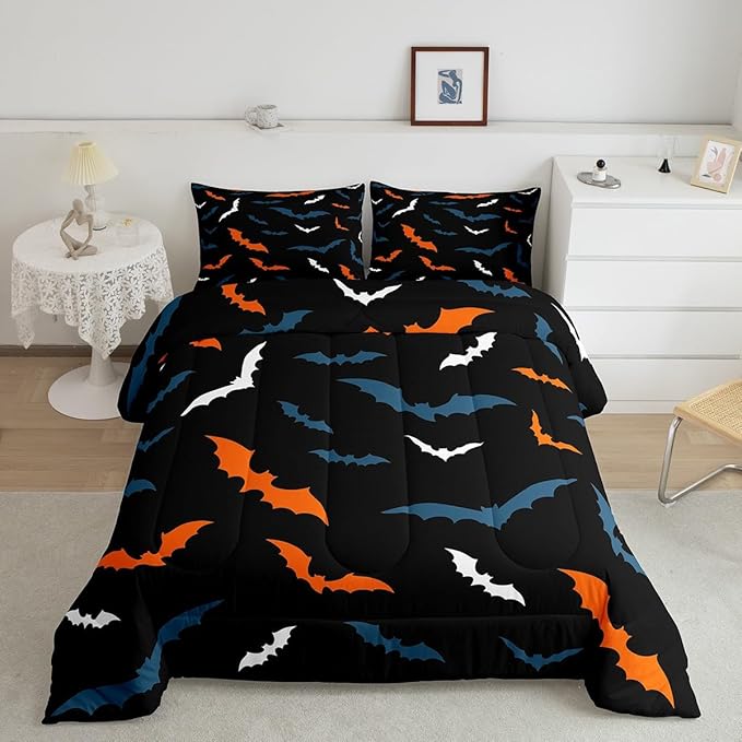 Erosebridal Bat Bedding Set for Kids Adults Boys Girls Happy Halloween Comforter Set Toddler Size Gothic Spooky Quilt Orange Bats Duvet Insert with 1 Pillow Case