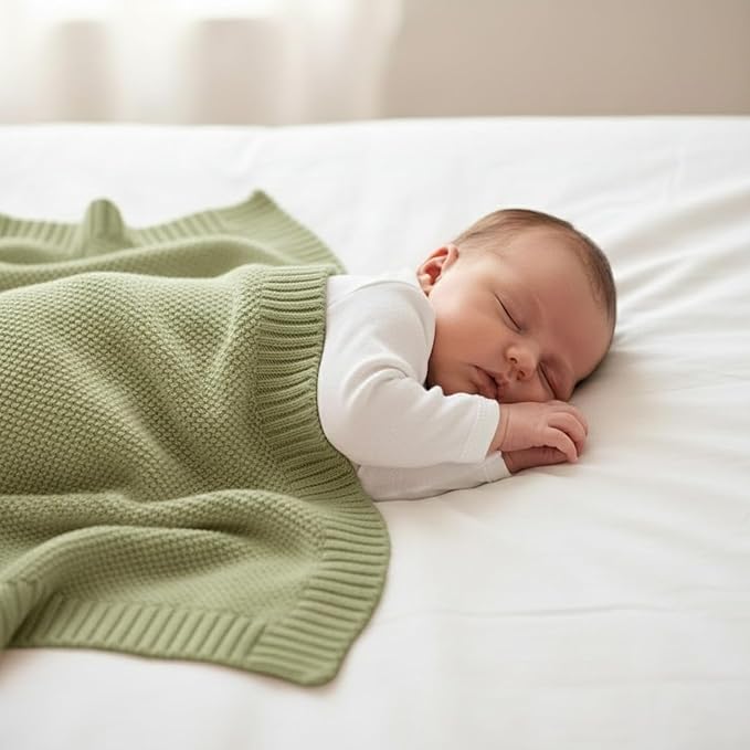 Baby Knit Blanket Soft Cotton Lightweight Newborn Blanket for Crib Stroller Toddler Nursery Shower Gift Cozy Breathable Travel Swaddle Wrap Sage Green 30 x 30 Inches