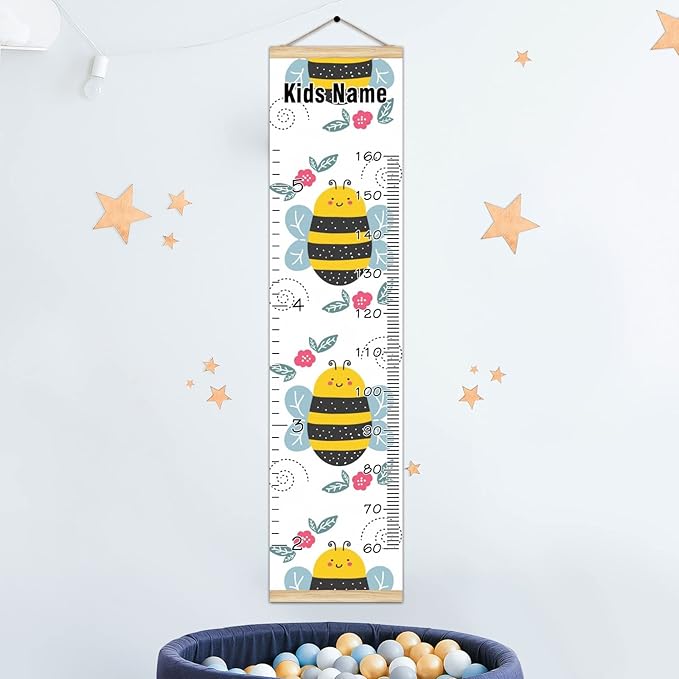 Personalized Kids Name Growth Chart Ruler for Wall Wood Frame Height Measure Chart 13.4x56 in Linen Hanging Height Growth Chart Cute Cartoon Bee Red Floral Kids Room Decor