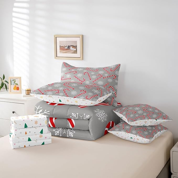 Erosebridal Xmas Candy Cane Full Bedding Set 7 Piece,Merry Christmas Bed in A Bag for Kids Boys Girls,Winter Snowflake Comforter Set Grey Christmas Ornaments Sheet Set with Comforter