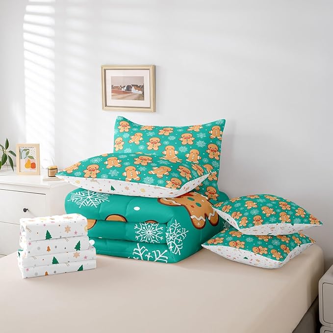 Erosebridal Christmas Gingerbread Queen Bedding Set 7 Piece,Cute Gingerbread Man Bed in A Bag,Xmas Snowflake Comforter Set Kawaii Xmas Sheet Set with Comforter,Green Christmas Decoration