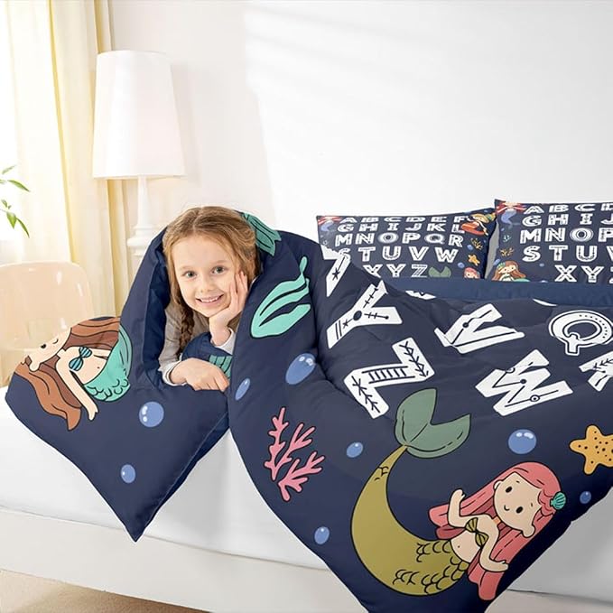 Feelyou Alphabet Kids ABC Learning Bedding Set Soft for Boys Girls, Cute Mermaid Comforter Set Full Size Educational Nursery Art Duvet Quilt Microfiber Sealife Bedroom Decor 3 Pcs with 2 Pillow Cases