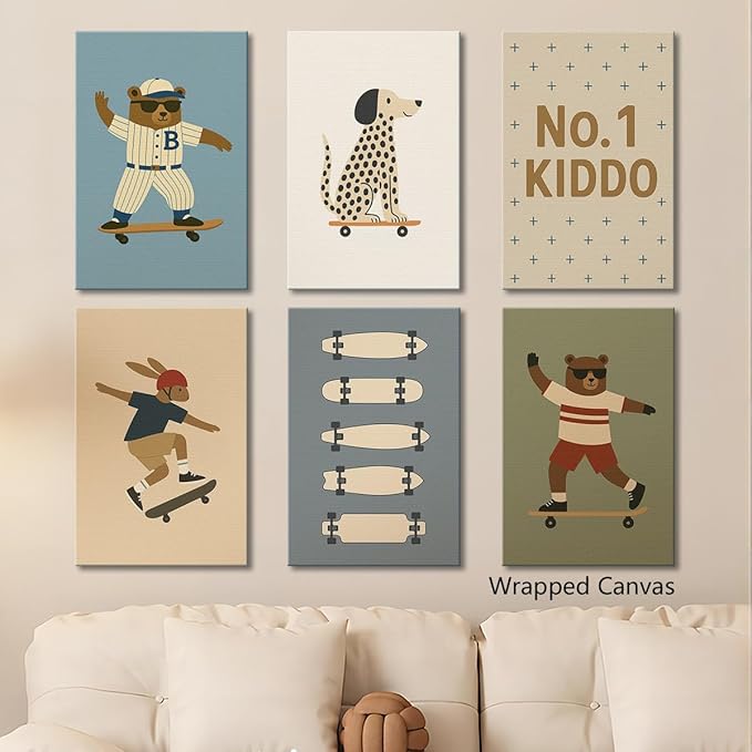 Skateboard Canvas Wall Art, Nursery Animal Sports Posters, Fashion Sunglasses Bear Athletes Pictures, No.1 Kiddo Inspirational Quote Print, Funny Skateboard Rabbit Dog Painting 12x16in Wrapped Canvas