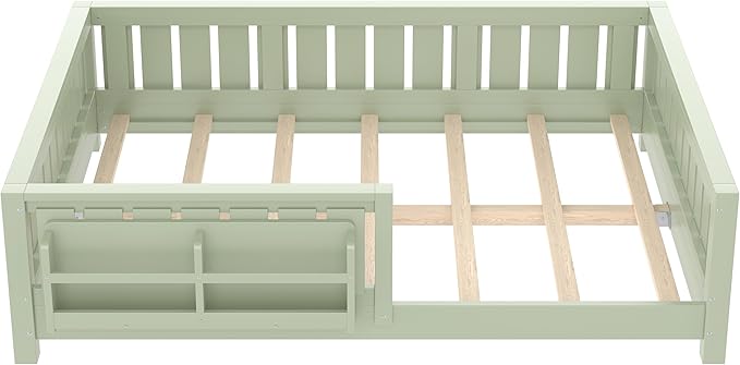 Bellemave Full Size Floor Bed with high Rails and with Built-in Bookshelf for Kids, Girls, Boys, Wood Montessori Floor Bed Without Door, Avocado Green