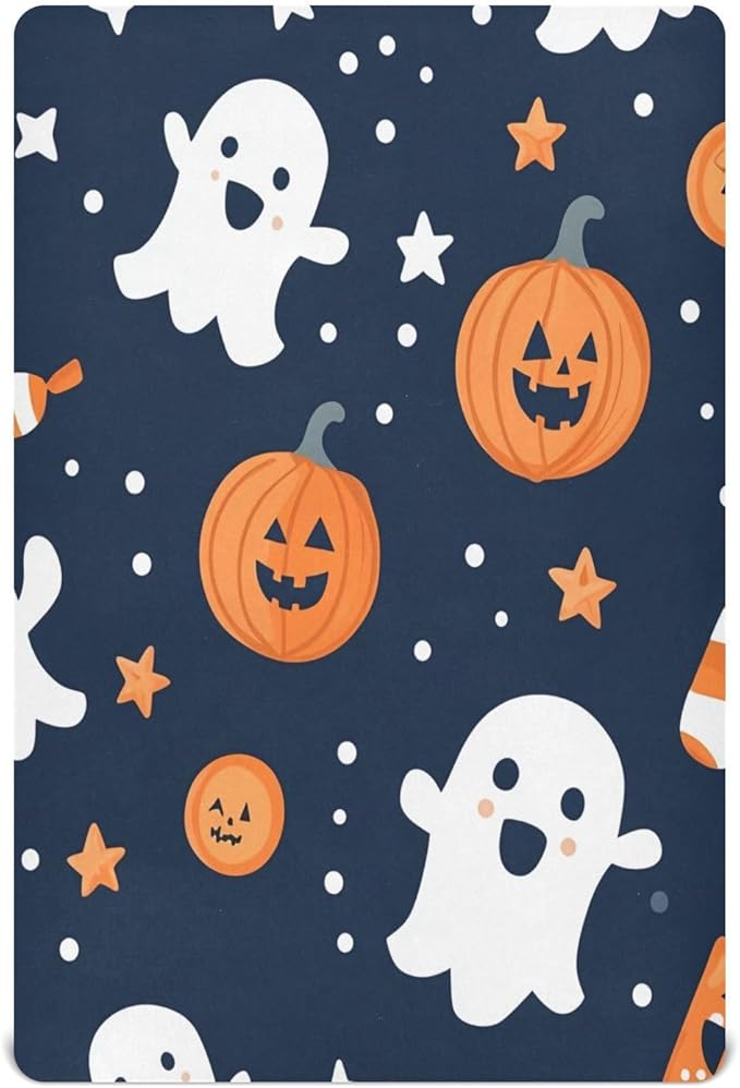 Crib Sheet, Unisex Crib Sheet, Soft and Comfortable for Standard Crib and Toddler Mattress, Ghosts and Halloween Pumpkins