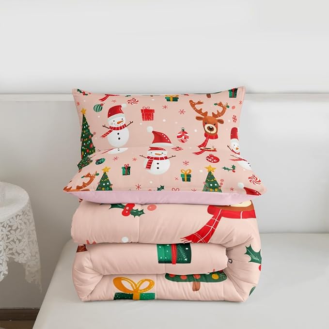 Feelyou Christmas Comforter Set Queen Size Snowman Bedding Set for Kids Boys Girls Deer Xmas Tree Duvet Quilt New Year Gift Bedroom Decor Snowflake Microfiber 3 Pcs with 2 Pillow Cases