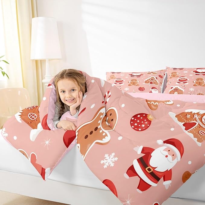 Feelyou Christmas Kids Comforter Set Full Size Santa Bedding Set Gingerbread Man Duvet Quilt for Kids Boys Girls Bedroom Snowflake Decor Microfiber Ultra Soft Breathable