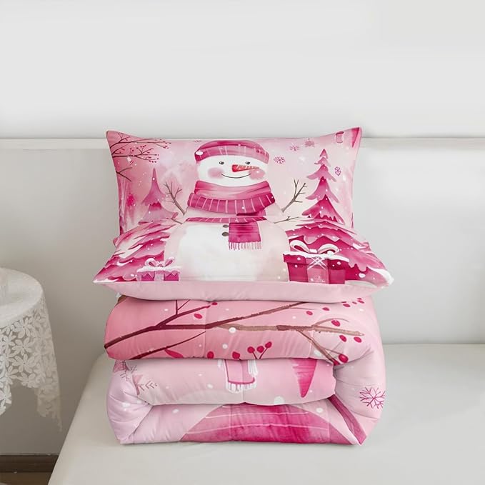 Feelyou Pink Christmas Comforter Set Twin Size Snowman Bedding Set for Kids Boys Girls Cute Snowflake Duvet Quilt Merry Christmas Tree and Snowman Bedroom Decor 2 Pcs with 1 Pillow Cases