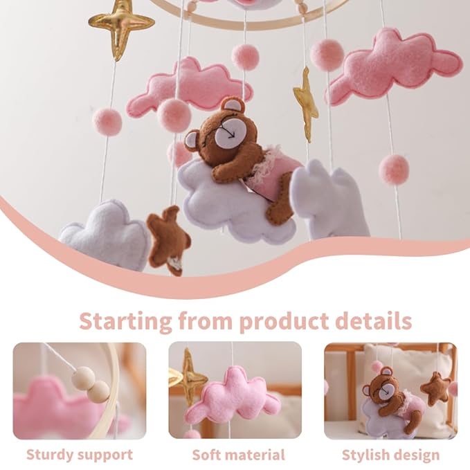 Moon Baby Crib Mobile Baby Nursery Decoration Wooden Crib Hanging Decor Bear Theme Pink Clouds Newborn Soothing Mobile Baby Shower Gift for Boys and Girls Easy to Install and Durable (Bear)