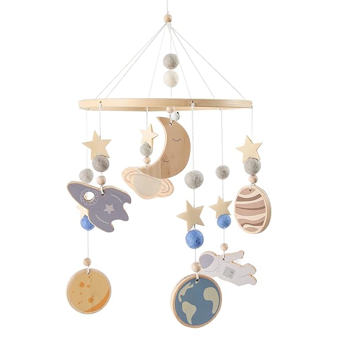 Space Nursery Mobile - Wooden Baby Mobile - Solar System Crib Mobile Astronaut Space Theme Nursery Bed Decoration, Gift for Newborn (Blue)