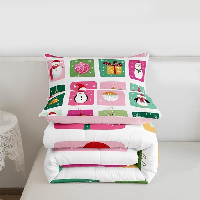 Feelyou Happy New Year Bedding Set Soft for Boys Girls, Christmas Decor Comforter Set King Size Merry Christmas Duvet Quilt Microfiber Winter Penguin Bedroom Decor 3 Pcs with 2 Pillow Cases