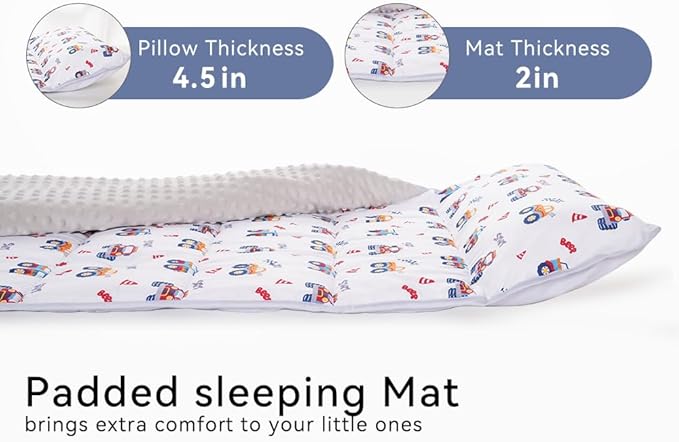 Toddler Nap Mat with Pillow and Minky Blanket 55''x35'' Toddler Sleeping Bag for Daycare, Preschool Travel Camping Mat Nap Mat for Boys and Girls