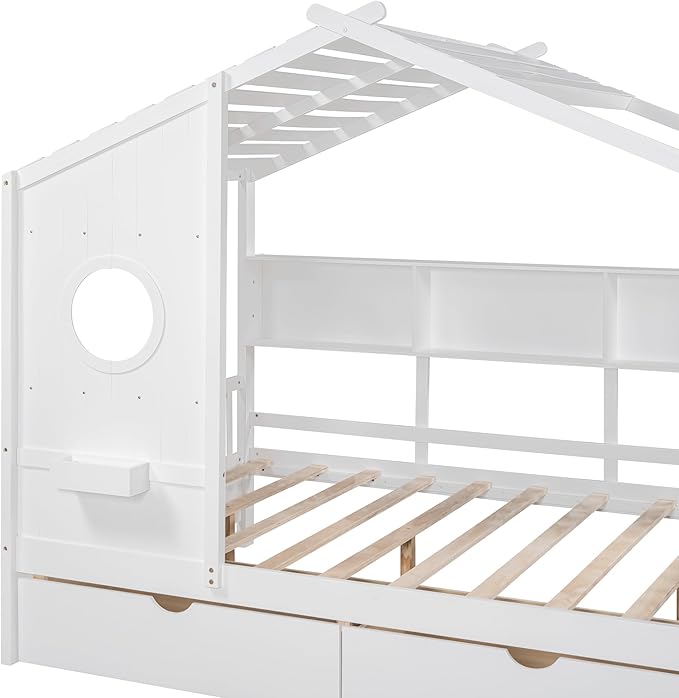 Harper & Bright Designs Full Size Modern House Bed with Roof, Wooden Twin Size House Bed with 2 Drawers and Storage Shelf, Gray