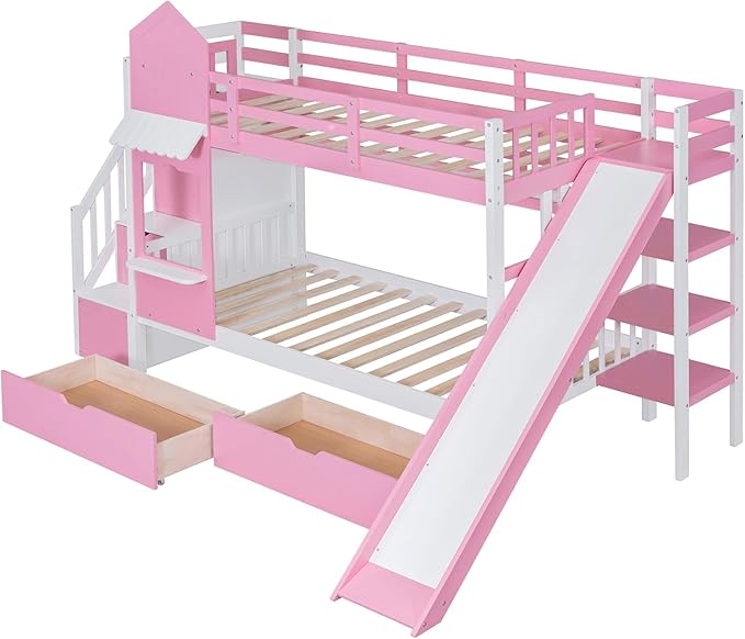 MERITLINE Twin Over Twin Castle Bunk Bed with Slide,Stairs and Drawers,Solid Wood Floor House Princess Bunk Bed with Storage Shelves (Pink)