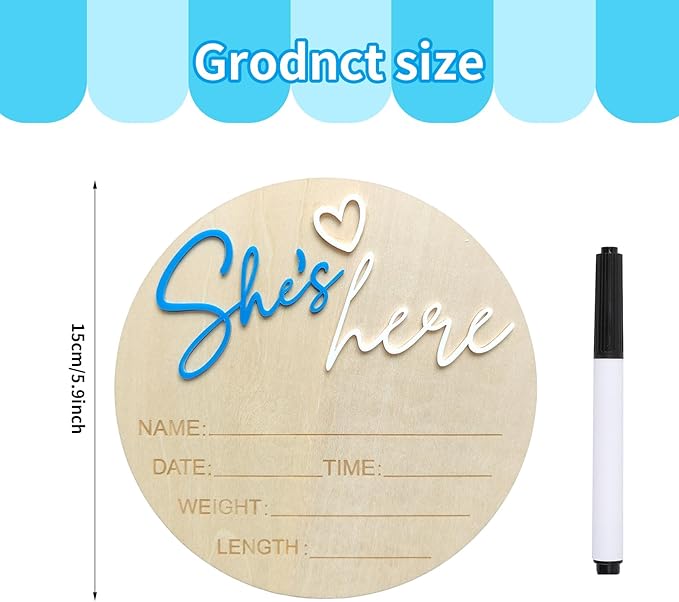 Baby Announcement Sign, 5.9 Inch Wooden Hello World Newborn Signs, Birth Announcement Sign, Gender Reveal Signs, She's here Decoration, Welcome Newborn Arrival To World, Hospital Nursery for Baby (Dark blue She's)