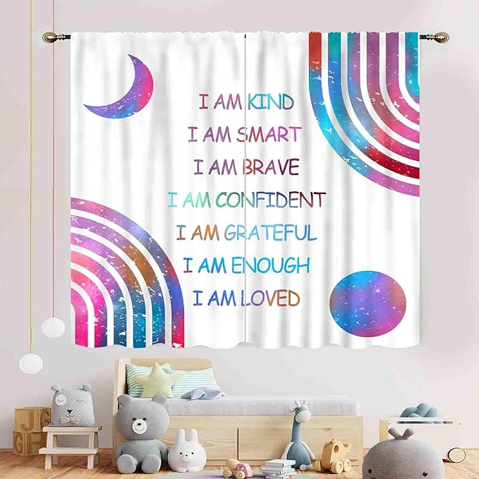Rainbow Curtains for Girls Bedroom, Boho Rianbow Quotes Inspirational Motivational Positive Colorful Galaxy Pink Purple Window Drapery for Baby Kids Living Room Nursery Classroom, 52"x84" Inch