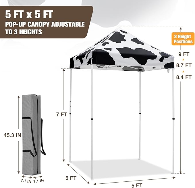 EAGLE PEAK 5x5 Pop Up Canopy Tent Instant Outdoor Canopy Easy Set-up Straight Leg Folding Shelter, Cow Print