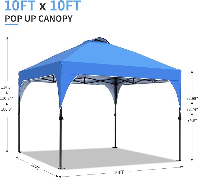 GDY 10x10 Pop Up Canopy Tent, Outdoor Gazebo with 4 Sandbags, Easy Up Canopy with 3 Adjustable Heights for Events, Parties, Camping, Blue.