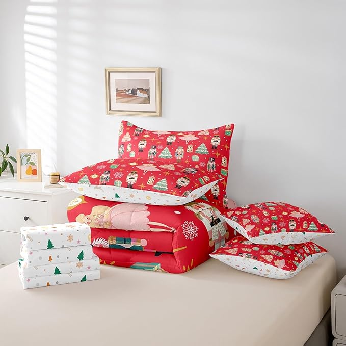 Erosebridal 7Pcs Red Christmas Comforter Set Twin Size,Christmas Nutcracker Bedding Set,Girly Dreamy Princess Bed in A Bag,Xmas Pine Tree Snowflake Quilt with Flat Fitted Sheet,Red