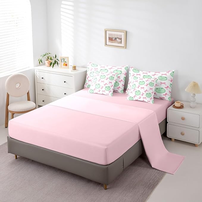7 Pieces Pink Bowknot Comforter Set Full,Cartoon Frog Bow Tie Butterfly Knot Princess Bedding Set,Geometric Patchwork Cute Sweet（Comforter+Fitted+Flat Sheet+2 Pillowcases+2 Throw Pillow Covers）