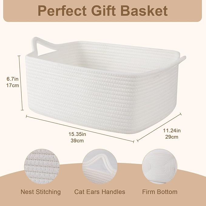 OIAHOMY Woven Rope Basket with Gift Bags and Ribbons, Gift Basket Empty for Baby Shower Birthday, Halloween, Christmas, Cute Cat Ear Handles for Shelf Living Room Bathroom,White,19L