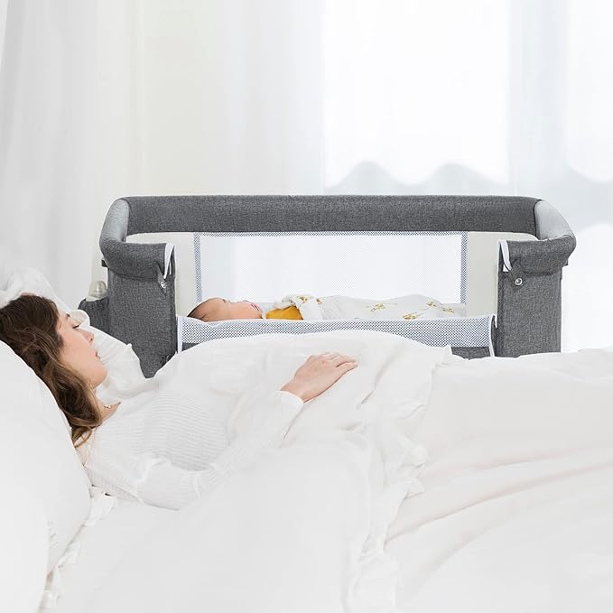 Ihoming Baby Bassinet Bedside Sleeper, Baby Bed Side Crib with Storage Basket, Easy Folding Bassinets, Adjustable Baby Bed for Infant Newborn, Gray