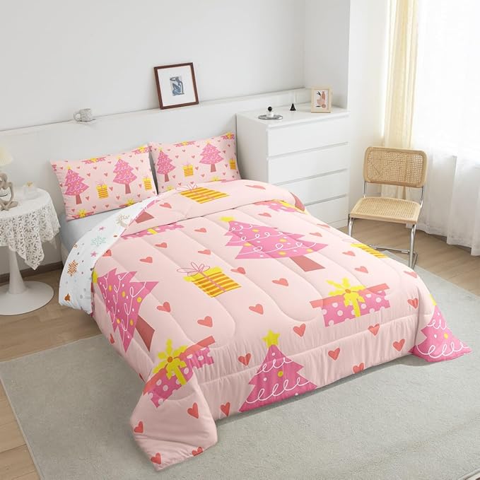 Erosebridal Merry Xmas Quilts Twin Size Pink Christmas Tree Comforter Set Reversible Cartoon Style Bedding Set Happy New Year Duvet Insert for Boys Kids Bedroom Decor with 1 Pillow Case