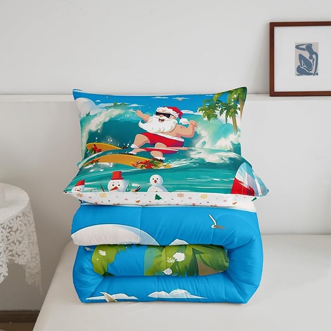 Manfei Christmas Comforter Set King Size, Santa Claus Surfing Theme Bedding Set for Kids Boy Girl Room Decor, Beach Snowman Down Comforter for All Season, Soft Polyester Quilt Set, 2 Pillowcases