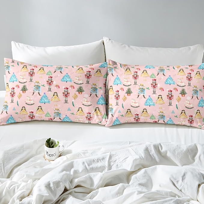 Christmas Nutcracker Decorative Comforter Cover Toddler Size Cartoon Mouse Soldier Royal Guarder Princess Duvet Cover Xmas Pine Tree Snowflake Bedding Set Gifts for Kids Boys Girls 1 Pillow Case Pink