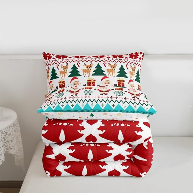 Feelyou Merry Christmas Bedding Set Soft for Boys Girls, Santa Claus Comforter Set Toddler Size Cute Deer Duvet Quilt Microfiber Snowflake Bedroom Decor 2 Pcs with 1 Pillow Cases