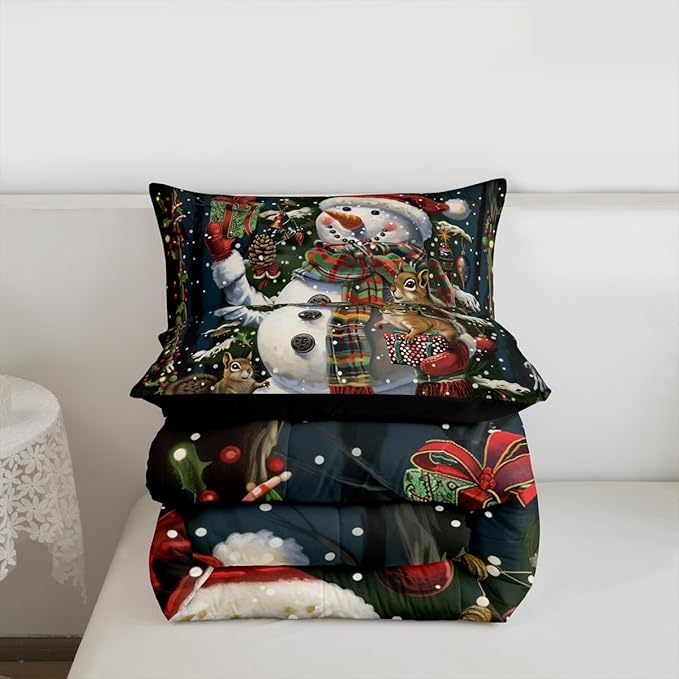 Feelyou Christmas Kids Comforter Set King Size Snowman Squirrel Bedding Set Snowflake Gift Duvet Quilt for Kids Boys Girls Bedroom Branch Berry Decor Microfiber Ultra Soft Breathable