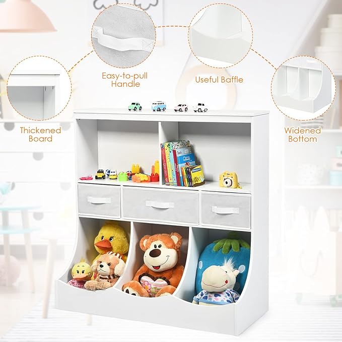 HONEY JOY Kids Toy Storage Organizer with Bookcase, 8-Cubby Organization Cabinet w/Display Shelf & 3 Removable Fabric Bins, Wooden Toy Storage Unit for Playroom, Nursery, Daycare (White)