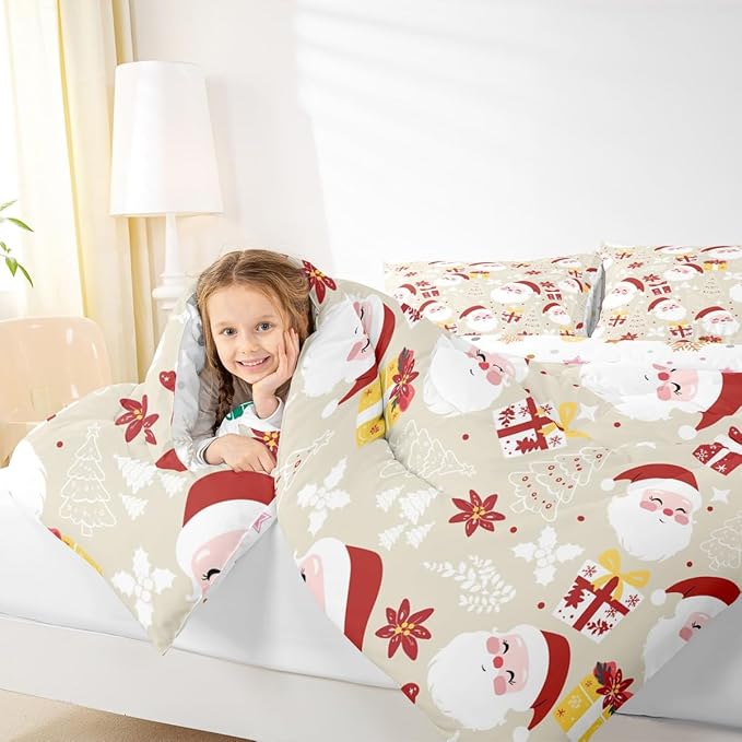 jejeloiu Santa Claus Comforter Set Twin Size Merry Christmas Bedding Set for Kids Boys Girls Xmas Themed Duvet Quilt Beige Bedroom Decor