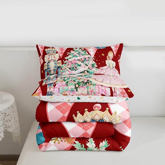 jejeloiu Christmas Nutcracker Comforter Set Full Size Gingerbread Man Bedding Set for Kids Boys Girls Xmas Tree Duvet Quilt Red Bedroom Decor