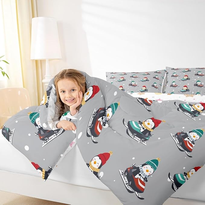 Feelyou Christmas Comforter Set All Season Gray Penguin Bedding Set with 1 Pillow Cases Cartoon Penguin Skiing Microfiber Kids Toddler Bedclothes Snowflake Bedroom Decor Duvet Quilt Breathable Soft