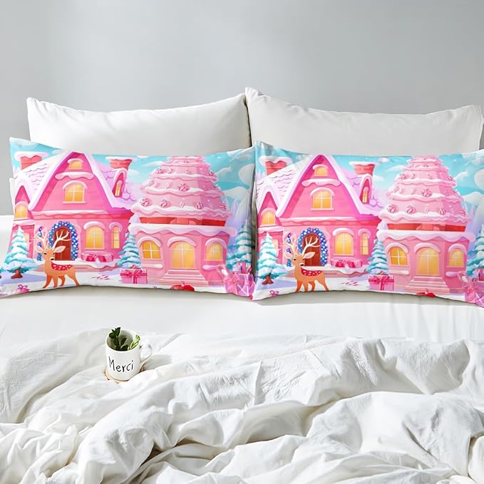 Feelyou Christmas Pink Comforter Cover Set Cute Deer Print Bedding Set Twin Size for Kids Boys Girls Bedroom Bed Decor Xmas Christmas Duvet Cover Soft Bedspread Cover,No Comforter