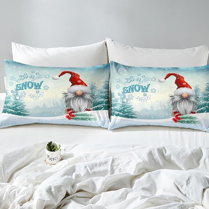 Manfei Winter Duvet Cover Set Full Size, Christmas Gnomes Bedding Set 3pcs for Kids Boys Girls Bedroom Decor, White Snowflake and Trees Print Xmas Comforter Cover with 2 Pillowcases,No Comforter