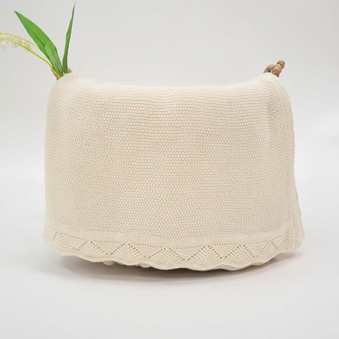 Baby Knit Blanket Soft Breathable Cotton Scallop Border Blankets Newborn Knitted Blanket Swaddle Blankets Gifts for Baby Newborn Toddler Shower Boy Girl New Mom Birthday Christmas Cream 30x40
