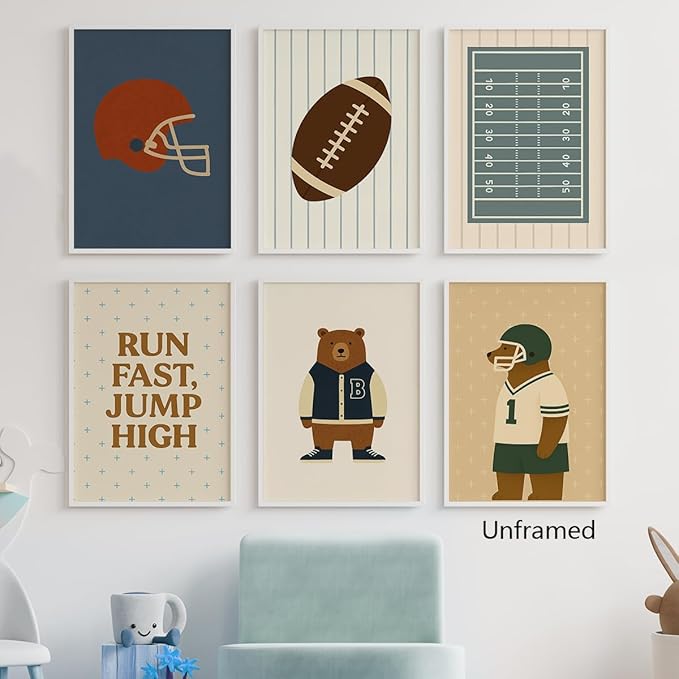 Football Poster Canvas, Baby Boy Sports Nursery Wall Art, Animal Bear Athletes Pictures, Run Fast Jump High Charming Quote Print, Kids Bedroom Soccer Equipment & Field Decor 12x16in Framed