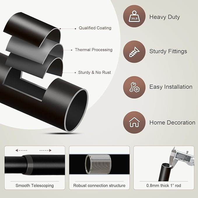 2 Pack Modern Black Curtain Rods Set for Windows 72 to 144 Inches Adjustable Length Heavy Duty 1" Diameter Window Curtain Rod with Decorative Finials for Outdoor Bedroom Kitchen Living Room