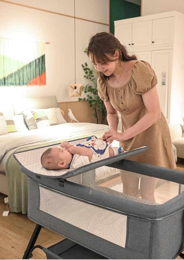 Nine point nine Baby Bedside Bassinet, Baby Bassinet Bedside Sleeper, Next to Me Crib with Wheels, Foldable Co-Sleeping Bed Crib for Newborn (X3 Khaki)